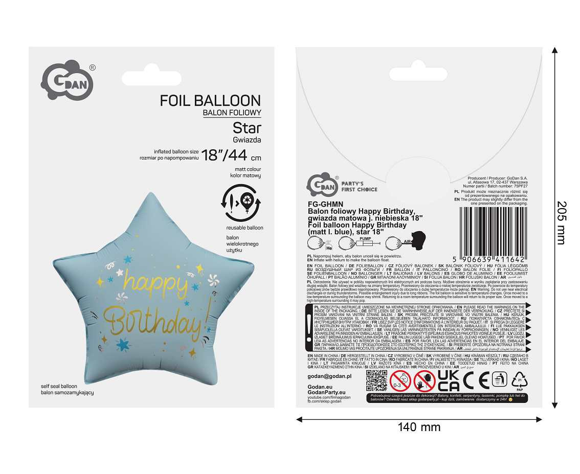 Foil balloon Happy Birthday (matt l. blue), star 18" EOL